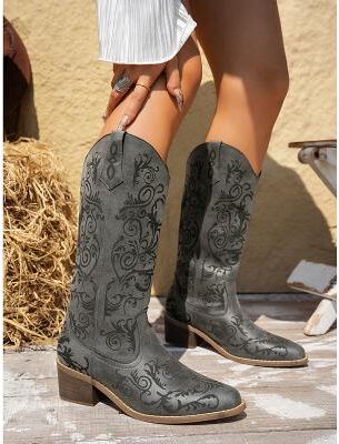 LightInthebox Women's Brown Leather Western Cowboy Boots with Intricate Floral Embossing and Block Heels, Stylish Urban Fashion Footwear