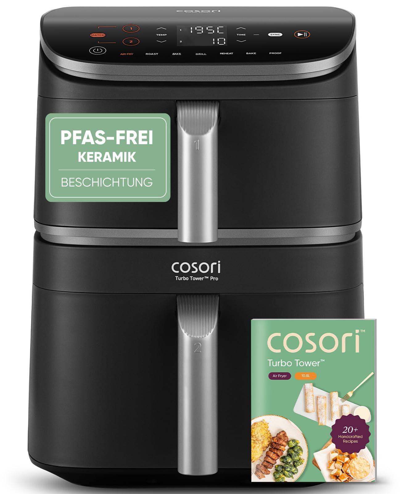Cosori Turbo Tower Pro heteluchtfriteuse 10,8 liter zwart zilver losstaand