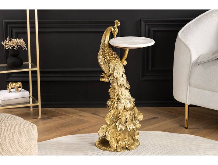 Runder Beistelltisch WILDLIFE PEACOCK 75cm gold antik weiß Metall Marmor Pfauen-Skulptur Modern & Design