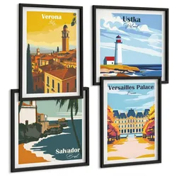 BILDER SET 4er Set - 50x50 cm & 40x60 cm Schwarzer Rahmen - Blicke auf berühmte Orte am Meer