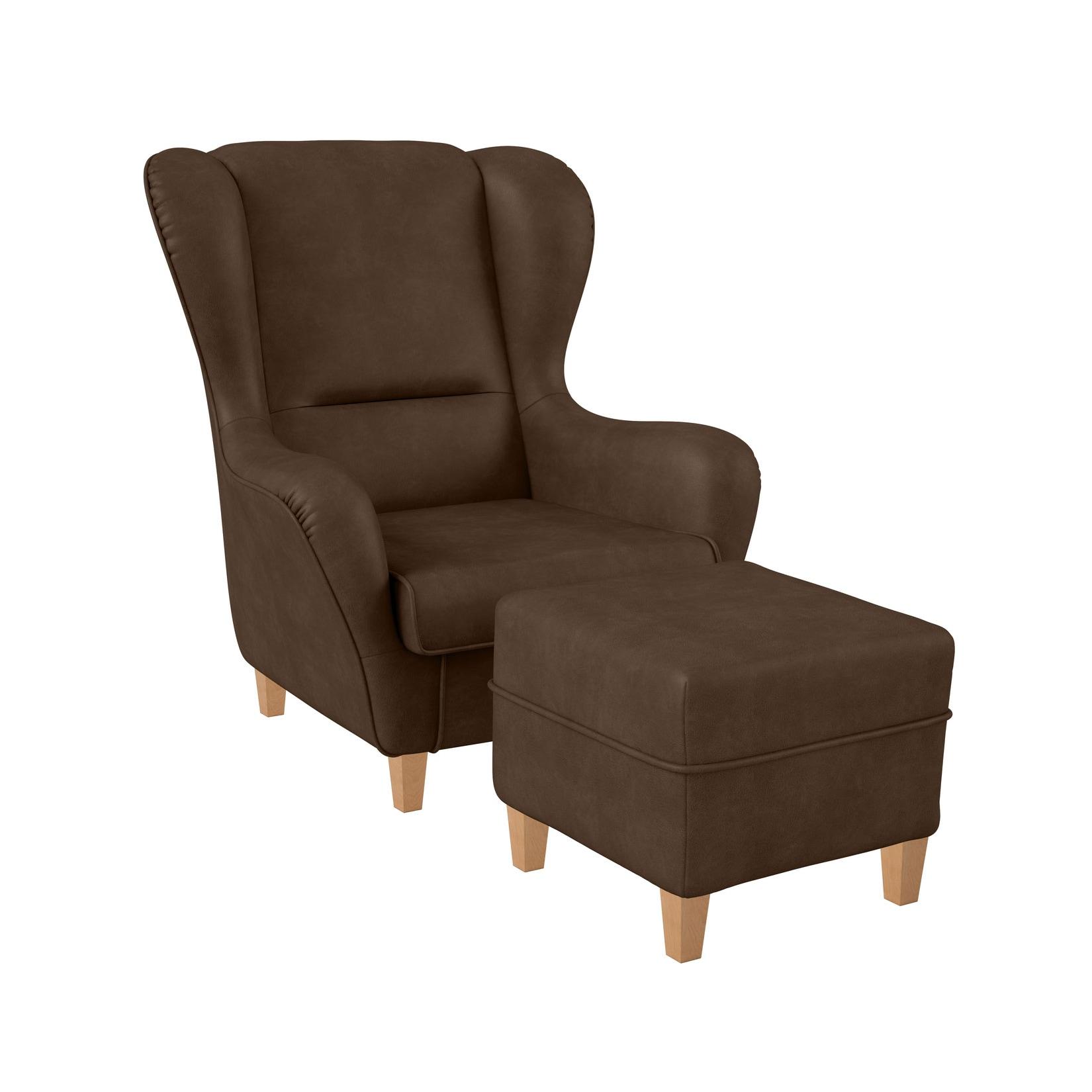 Sofia Ohrensessel mit Hocker Design Kunstleder Nougatbraun