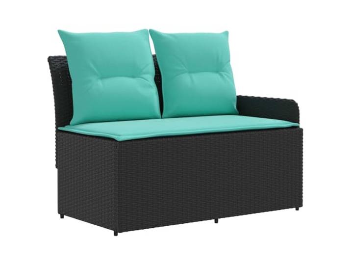 KTHLBRH Sofa-Set aus PE-Rattan, 7-teilig, Schwarz und Türkis Wohnzimmer im Freien, Terrasse, Massivholz, Akazienholz, weiche Kissen, modernes Design