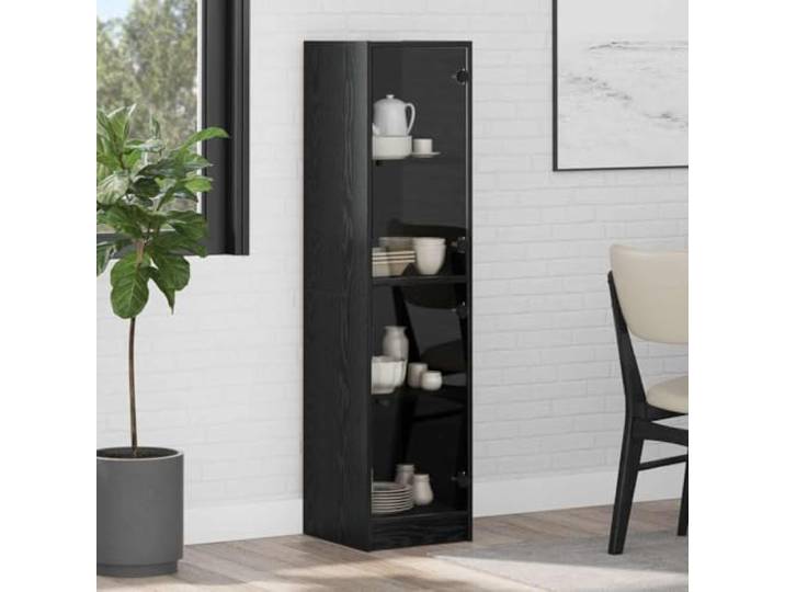 Elegantes Highboard mit Glastüren und Stauraum aus Holzwerkstoff, Modernes Highboard mit Glastüren für die Einrichtung, Weißes mit zur Aufbewahrung für Wohnzimmer in Artisan-Eiche