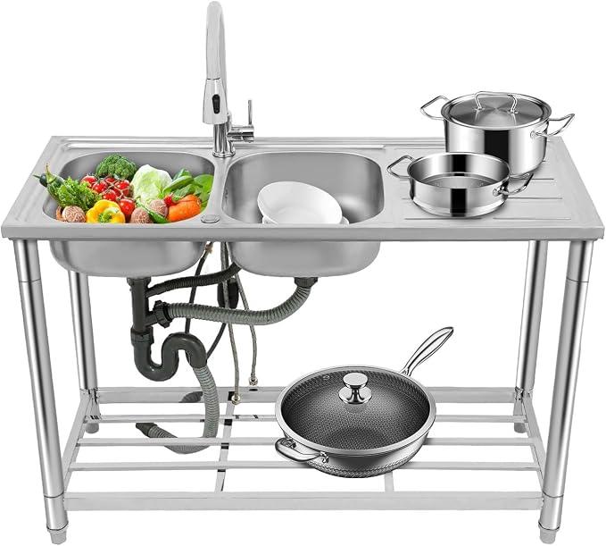 Edelstahl Spültisch, Doppelspülbecken Küchenspüle Spülbecken Mit Unterschrank, Ausgussbecken Mit Armatur, Freistehende Spüle Für Küche Restaurant, 120 * 50 * 80 cm
