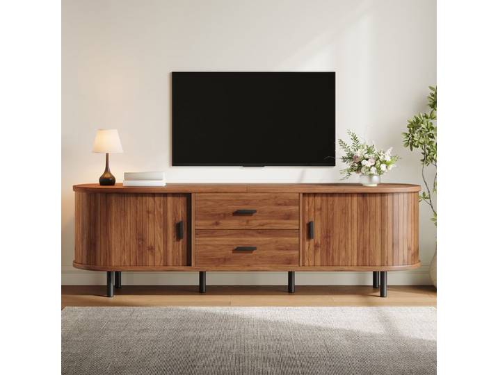MEUBLIV Meuble TV bas 150 cm 2 portes coulissantes 2 tiroirs aspect bois noyer pieds métal noir