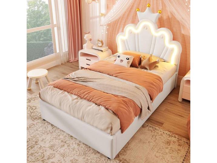 Lit Enfant 90x200 cm Lit princesse couronne LED hydraulique tête réglable PU blanc