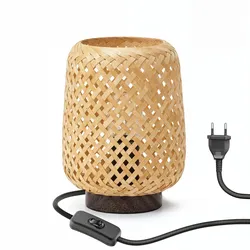 ledscom.de Tischlampe SORA aus Bambus + Kaffeebohnen, Boho, geflochtener Lampenschirm, 1,5 m Textilkabel mit Schalter, inkl. E27 LED Lampe (warmweiß, 4W, 848lm, Energieeffizienzklasse A)
