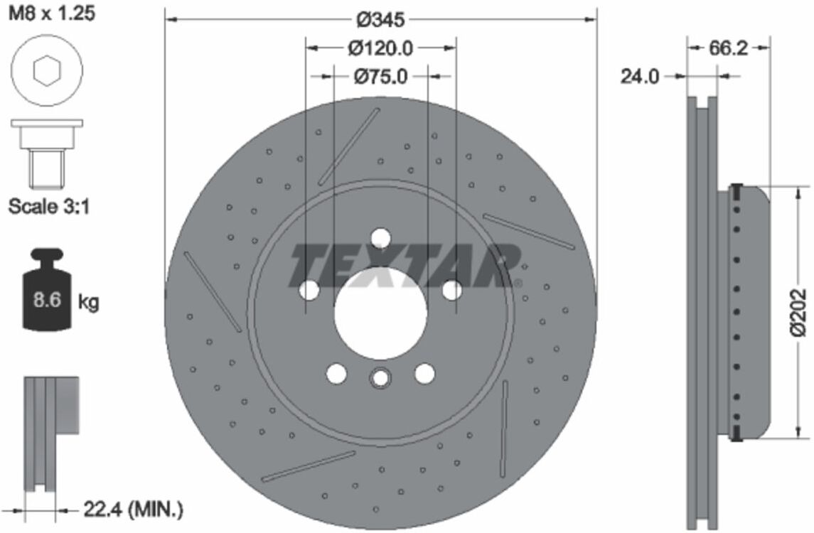 Disque de frein TEXTAR 92265525 arrière, ventilé, rainuré, à haute teneur en carbone, 1 pièce