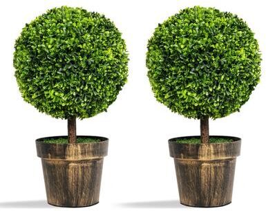 Costway 2 Pieces 24 Inch Artificial Boxwood Topiary Ball Tree for House and Office