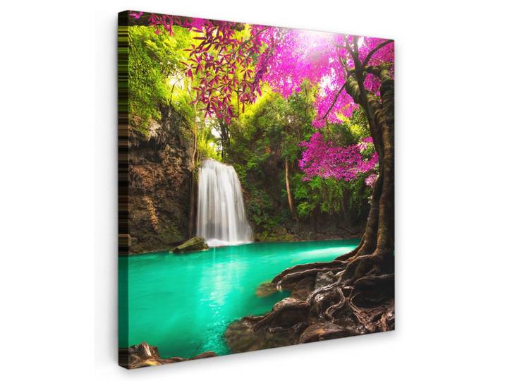 LEINWANDBILD Wasserfall mit bunten Blumen und Bäumen - Natur - Dschungel Wandbild Wohnzimmer 50x50 cm