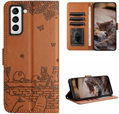 Inspired Deals Cute Cat Embossed Wallet Phone Case For Samsung Galaxy With Card Holder And Lanyard For Samsung Galaxy S22+ brown