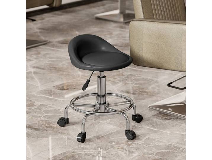 Tabouret Roulant Réglable avec Dossier Pivotant 360 Degrés et Repose-Pieds 5 Roulettes Simili Cuir Noir - UVRION