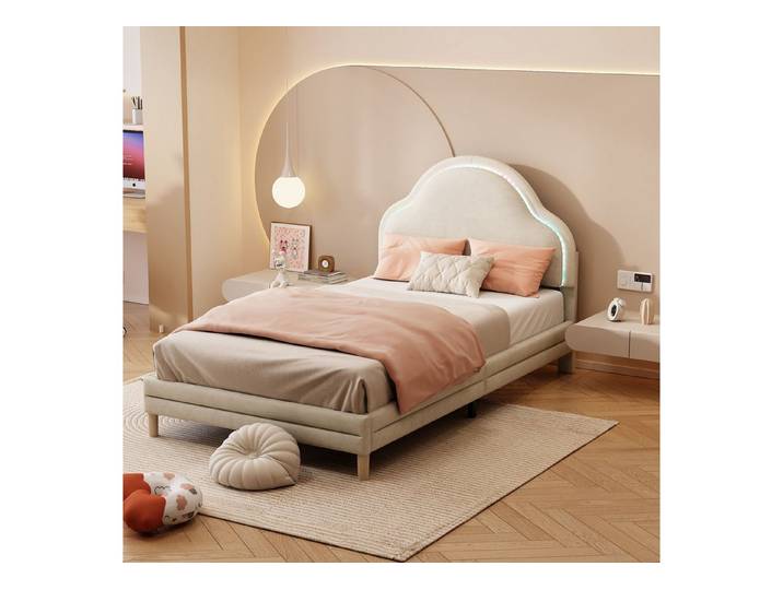 EXTSUD Polsterbett 90x200 cm Beige – Wolken-Kopfteil mit LED-Farbwechsel