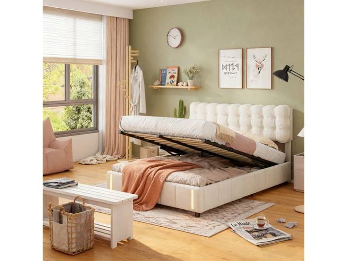 Lit coffre 140x200 - DRELYGWEA - Velours beige - Sommier à lattes - LED détecteur de mouvement