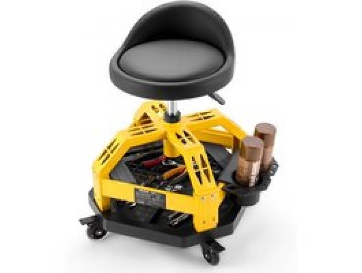 VEVOR Werkstatthocker mit Rollen und Rückenlehne Höhenverstellbarer Montagehocker 62-77 cm Werkstattsitz 360° Drehbar Werkzeugablage Gepolsterter Rollsitz Schwarz Gelb bis 150 kg Belastbar