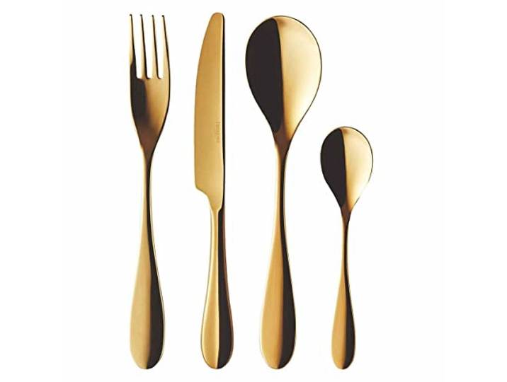 Guy Degrenne Onde Besteckset, Edelstahl, goldfarben, 24-teilig 24-teiliges Monoblock-Set aus Edelstahl 18/10 mit Gold-Finish (PVD-Beschichtung) für 6 Personen, Messer Sägeblatt