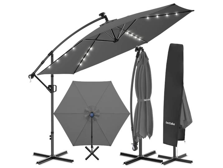 Parasol à pied déporté Artemis, pivotant à 360°, LED solaire, 3,5 x 3,5 m - gris