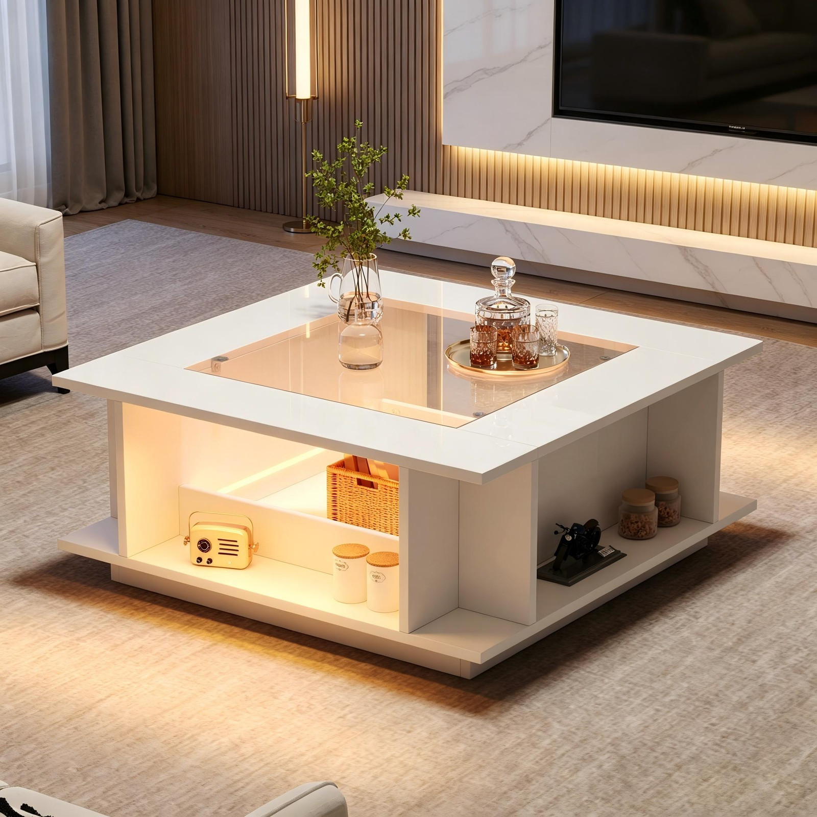 Rolipo Witte vierkante salontafel met glazen blad en LED-verlichting