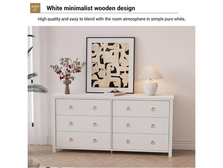 Commode 6 tiroirs moderne Meuble de rangement spacieux vêtements Table de chevet ou Meuble TV Commode Chambre salon Blanc
