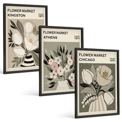 BILDER SET 3er Set - 40x60 cm Schwarzer Rahmen - Retro-Blumenarrangements