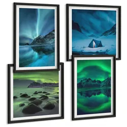 BILDER SET 4er Set - 50x50 cm & 40x60 cm Schwarzer Rahmen - Winterlandschaft mit Nordlichtern