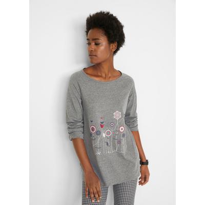 Longshirt BONPRIX, Damen, Gr. 48/50 (XL), grau (grau meliert floral), Obermaterial: 70% Baumwolle, 30% Viskose, A-Linie, Shirts Longshirt, A-Linien Passform, lange Ärmel, aus Baumwolle und Viskose