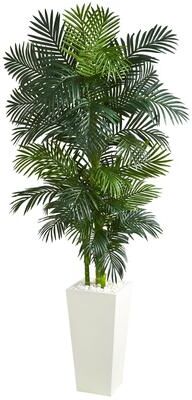 Nearly Natural Golden Cane Palm Artificial Tree in White Tower Planter - Green