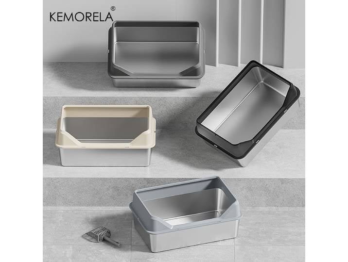 KEMORELA 1PC bac à litière ouvert en acier inoxydable bac à litière pour chat épaississement Semi-fermé côté haut avec couvercle cuillère à litière anti-éclaboussures