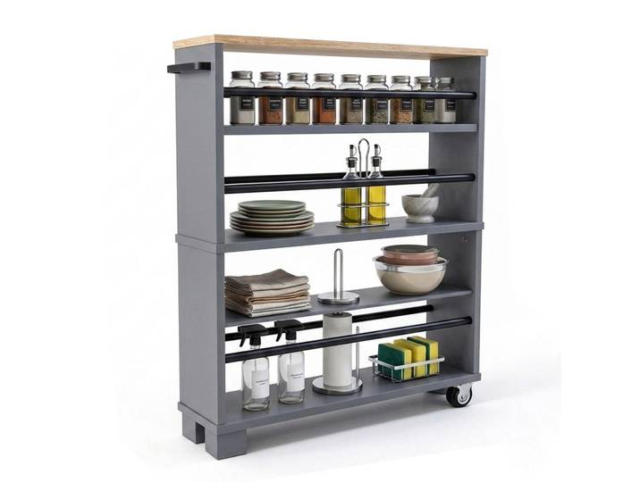 Relaxdays Nischenwagen Natur-Grau 4 Ebenen mit Rollen 80/13/50 cm, Holzwerkstoff, Metall, Kunststoff, 13x80x50 cm, Esszimmer, Servierwagen