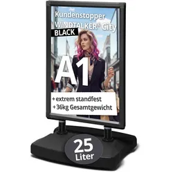 Top: 36 kg Gewicht, schwarz Kundenstopper A1 mit Wassertank 25 Liter, windfest wetterfest outdoor Werbeaufsteller schwarz A1
