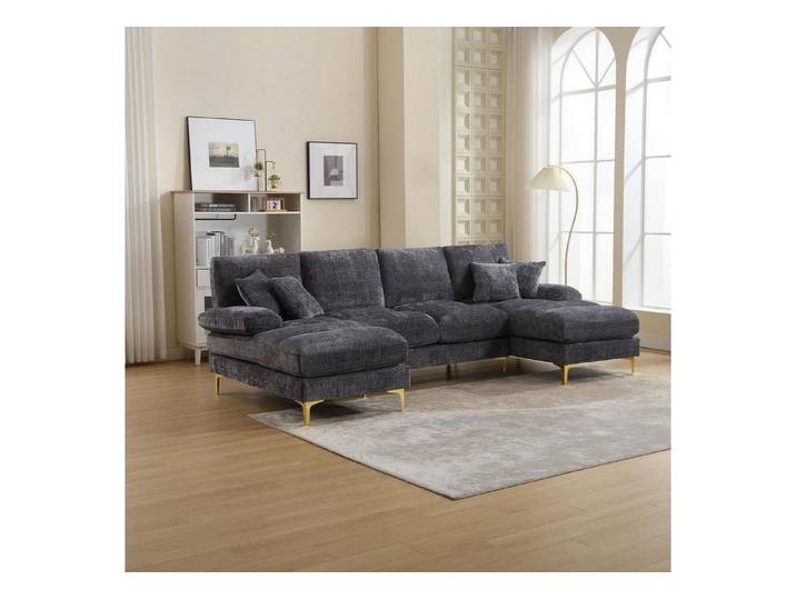 LuxusKollektion Ecksofa Ecksofa Sektionssofa UShape Chenillestoff Doppelliege Grau