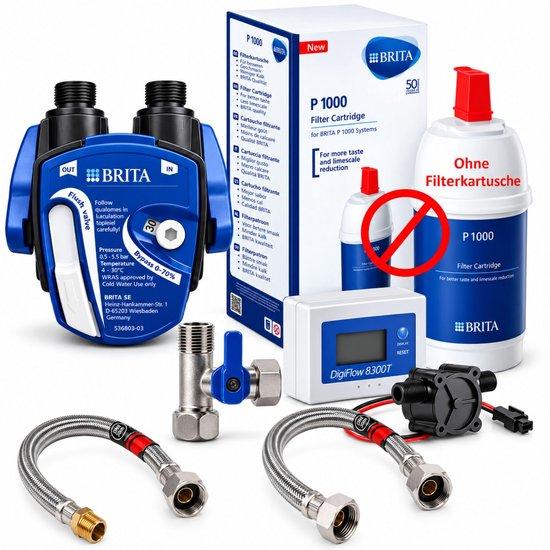 Wasserfilter für den Einbau unter der Spüle: Filterkopf, P1000-Filter, Filterwechselanzeige (mit Wassermeter), flexibler Schlauch, Winkelventiladapter
