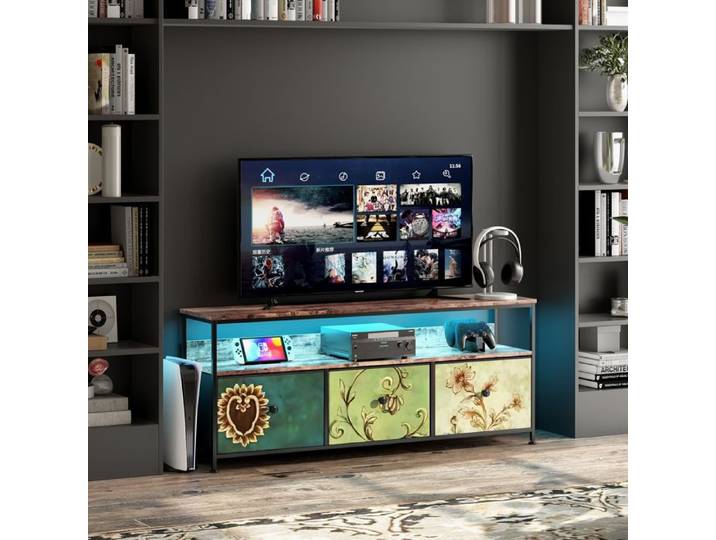 Meuble TV bas meuble TV LED commode en tissu avec 3 tiroirs meuble de divertissement bas 137x30x57cm Modèle rétro