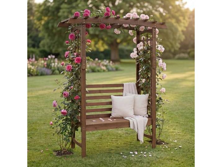 Mendler Rosenbogen mit Sitzbank HWC-Q21 201x160x60cm Holz - Dunkelbraun
