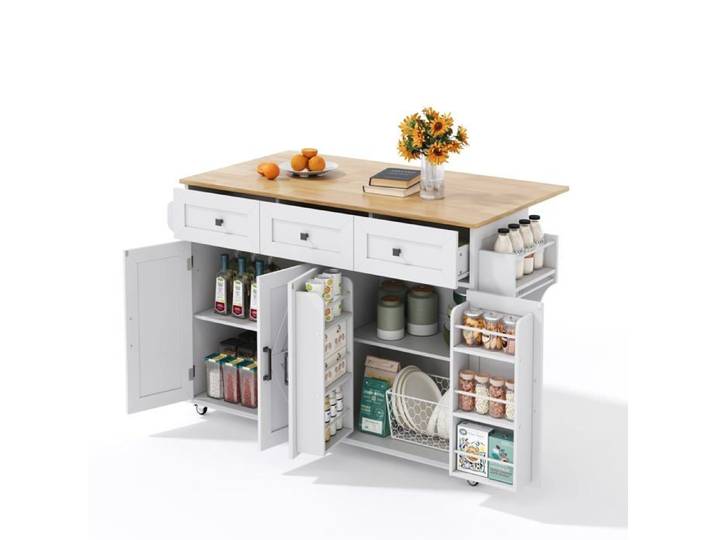 Îlot de cuisine Logidon blanc avec plan de travail rabattable 5 roulettes
