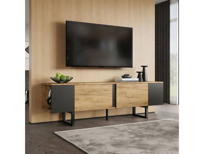 Meuble TV Bois - Lowboard 180 cm - Meuble Bas avec Rangement 2 Portes et étagères Ouvertes - Pour TV 75 Pouces