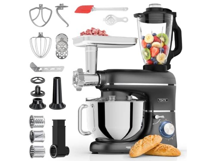 Fentic 6 en 1 Robot Pâtissier – 2000W - Av. Hachoir à Viande\, Mixeur 1\,5L\, Cutter\, Accessoires – Robot Cuisine Multifonctions Av. 6\,2L Bol Mélangeur\, Fouet\, Crochet Pétrisseur\, Batteur (Noir)
