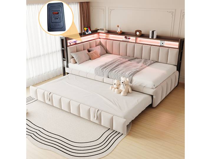 Lit Adulte Banquette Extensible 90x200 Velours Beige Okmyhome