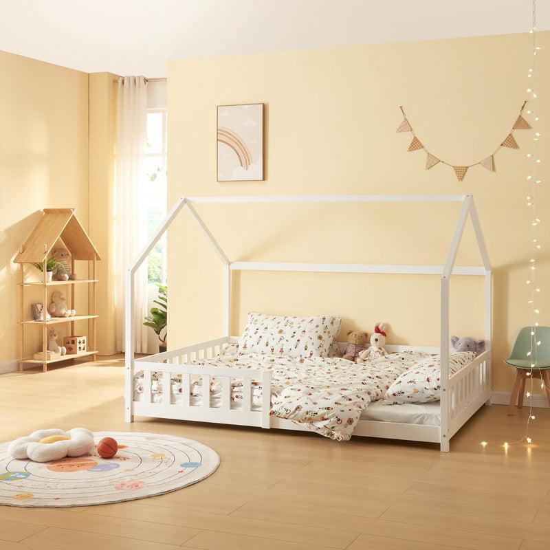 Kinderbett 120x200 cm, Modell Dennenhou - Design im Hausstil mit Sicherheitsgitter, weiß