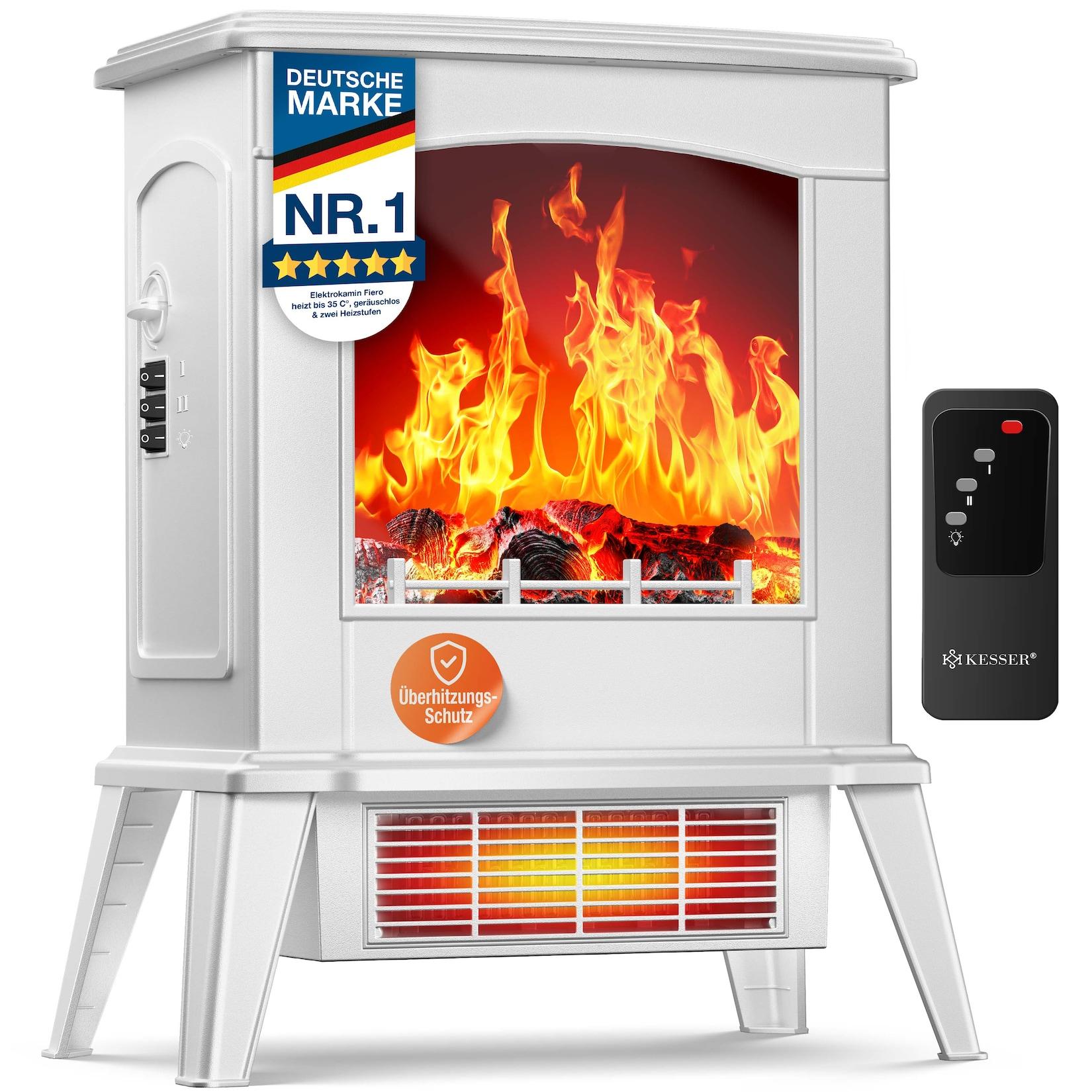 KESSER® LED Kamin Fiero mit Heizung elektrisch Kaminheizung Elektrokamin Standkamin mit realistischem Feuer -/ Flammeneffekt per Fernbedienung, Thermosicherung verschiedene Heizstufen 2000W
