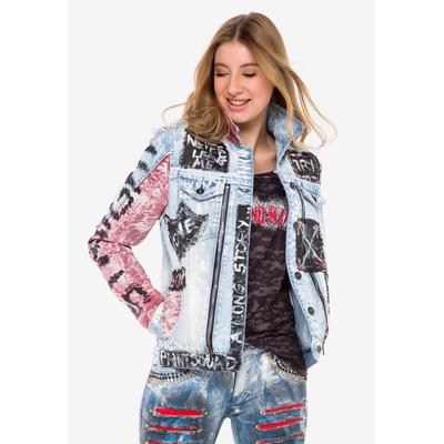 Jeansjacke CIPO & BAXX "WJ162", Damen, Gr. M, bunt (blau), Stoff, 100% Baumwolle, gemustert, regular fit normal, Jacken Jeansjacke, mit buntem Muster