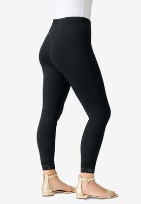 Plus Size Women's Lace Trim Essential Stretch Legging by Roaman's in Black (Size 34/36) Activewear Workout Yoga Pants