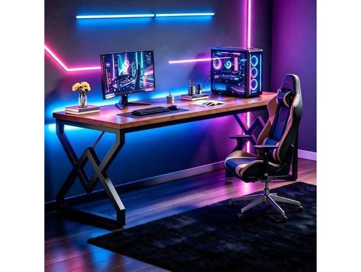 Bureau Gaming 160x75x70 cm Grande Surface de Table Gaming Ergonomique Grand bureau d'ordinateur Gamer -Marron