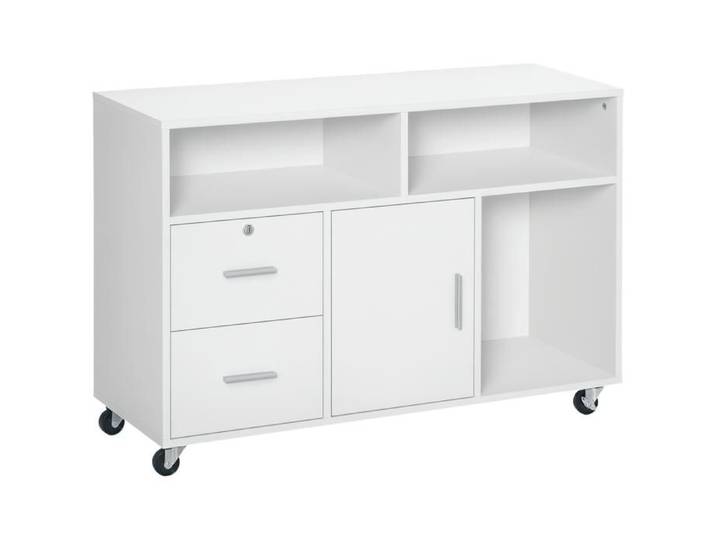 FSX Meuble Imprimante Portable Roulettes 2 Tiroirs Clé 3 Étagères Placard 100x35x65cm Blanc