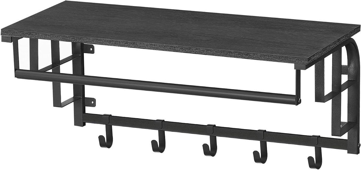Multifunctionele wandkapstok met plank en haken in zwart, 66 cm
