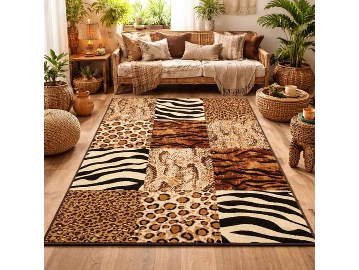tapis salon 120x170 tissé beige rectangle motif animaux LYN1 SAVANA
