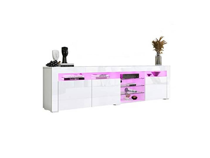 Moderne TV Tisch für Wohnzimmer, Hochglanz Weiß Fernsehschrank 180cm mit LED Leuchten, 3 Türen Lagerung, TV Lowboard, TV-Schrank für Wohnmöbel