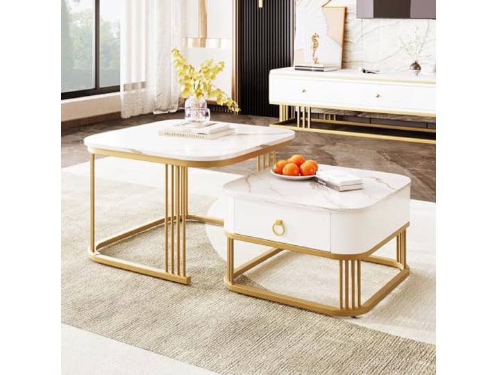 Merax Couchtisch 2er Set, Wohnzimmer Tisch,Satztisch Sofatisch Kaffeetisch Tisch-Set mit eine Schubladen Hochglanz-Marmoroptik, Goldenen Akzenten（Tippe D）