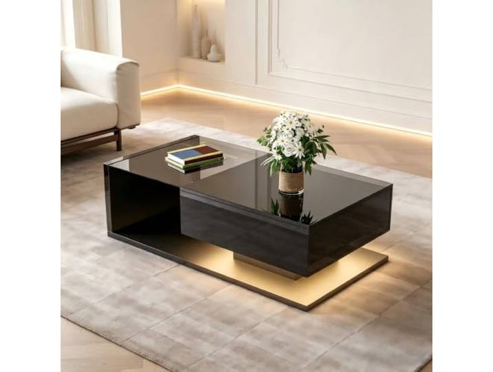 VILUXE LED Couchtisch Hochglanz Schwarz Glas 105 cm LED Couchtisch mit Glasplatte, Spanplatte Hochglanz schwarz, Wohnzimmer Sofaecke, moderne Haushalte