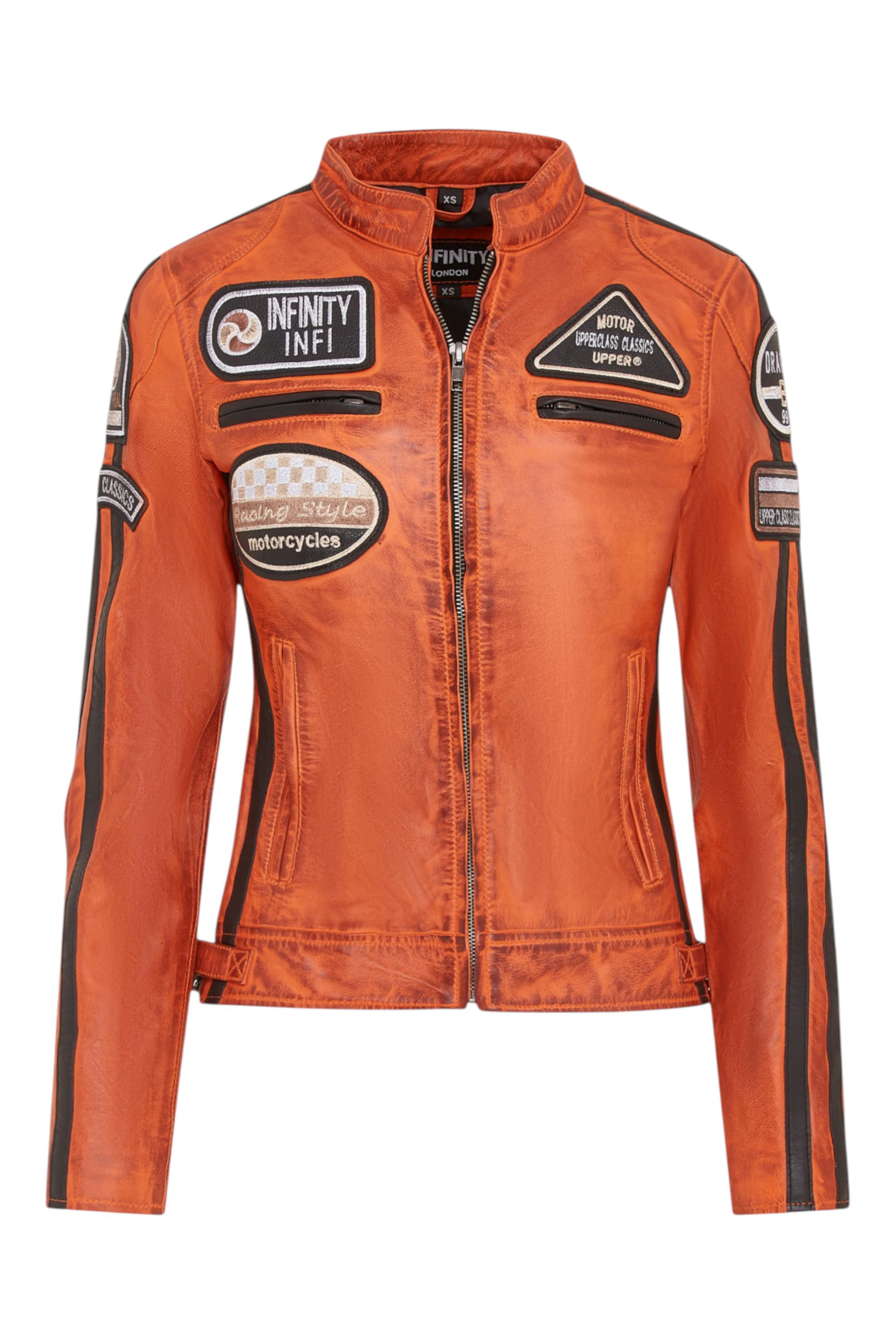 Infinity Leather Biker-Rennlederjacke mit Abzeichen, Agadir - Orange